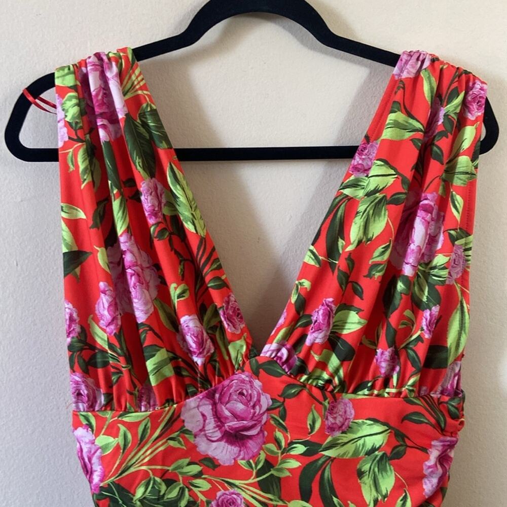 New Zara Orange Pink Roses Tropical Floral V- Neck Open back Bodysuit suit Small - Picture 3 of 7